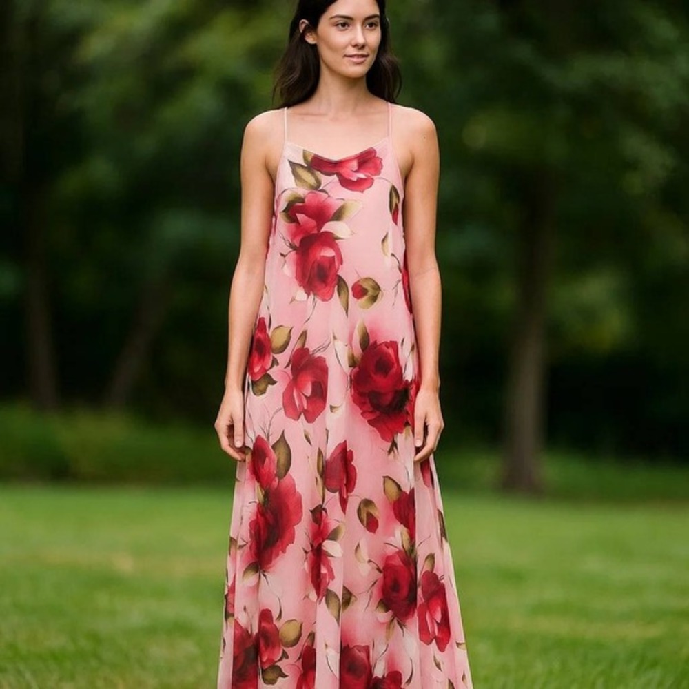 Vintage Valerie Stevens Pink Red Floral Rose Y2K Fairy Lingerie Maxi Dress 90s